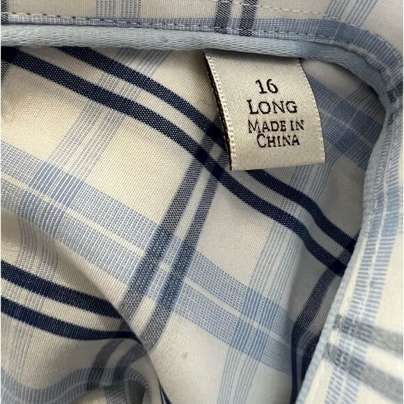 Peter Millar nanoluxe white blue checkered print long sleeve button up shirt 16L - Picture 5 of 6